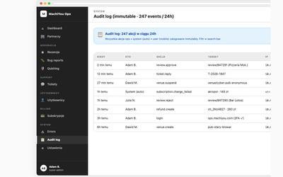 Audit log (immutable)